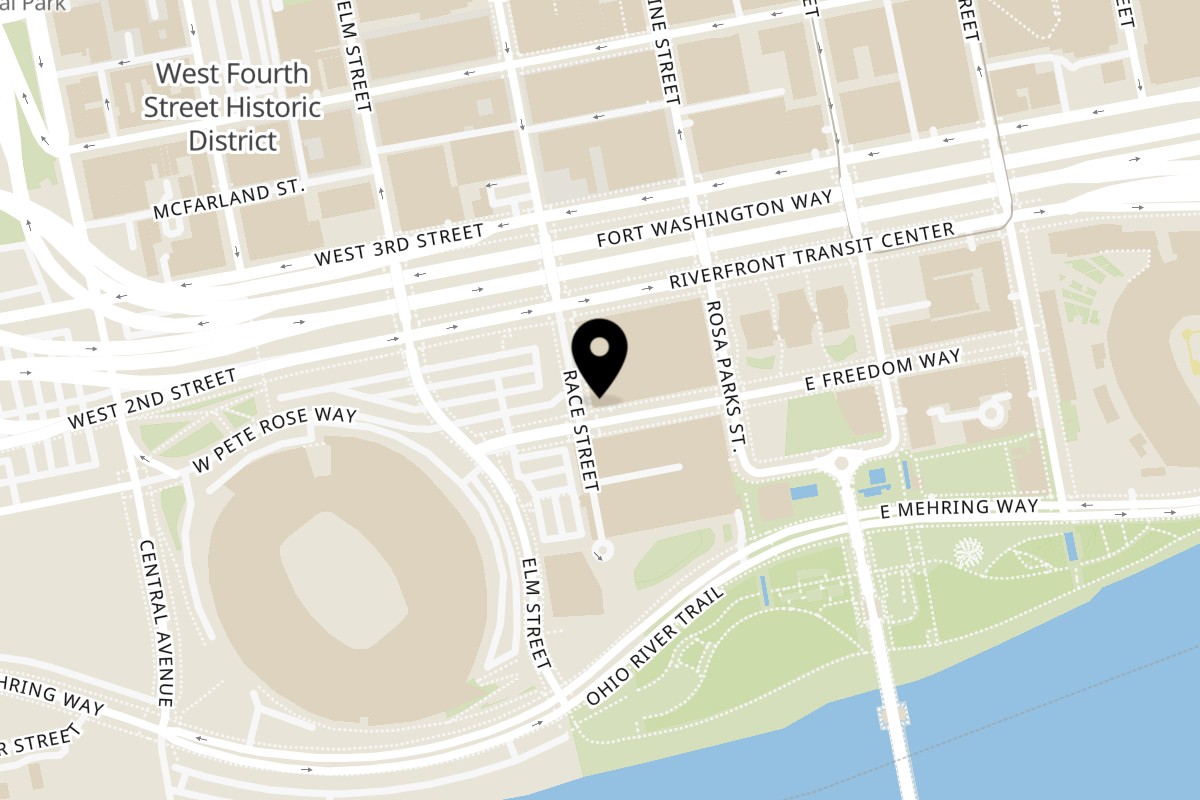Map showing the location of E+O Kitchen The Banks on 56 West Freedom Way in Cincinnati